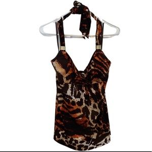 Cache animal print top w neck ties